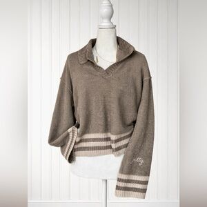 Jetty Knit Polo Sweater Womens L Taupe/Dark Gray Striped Hem Merino Wool